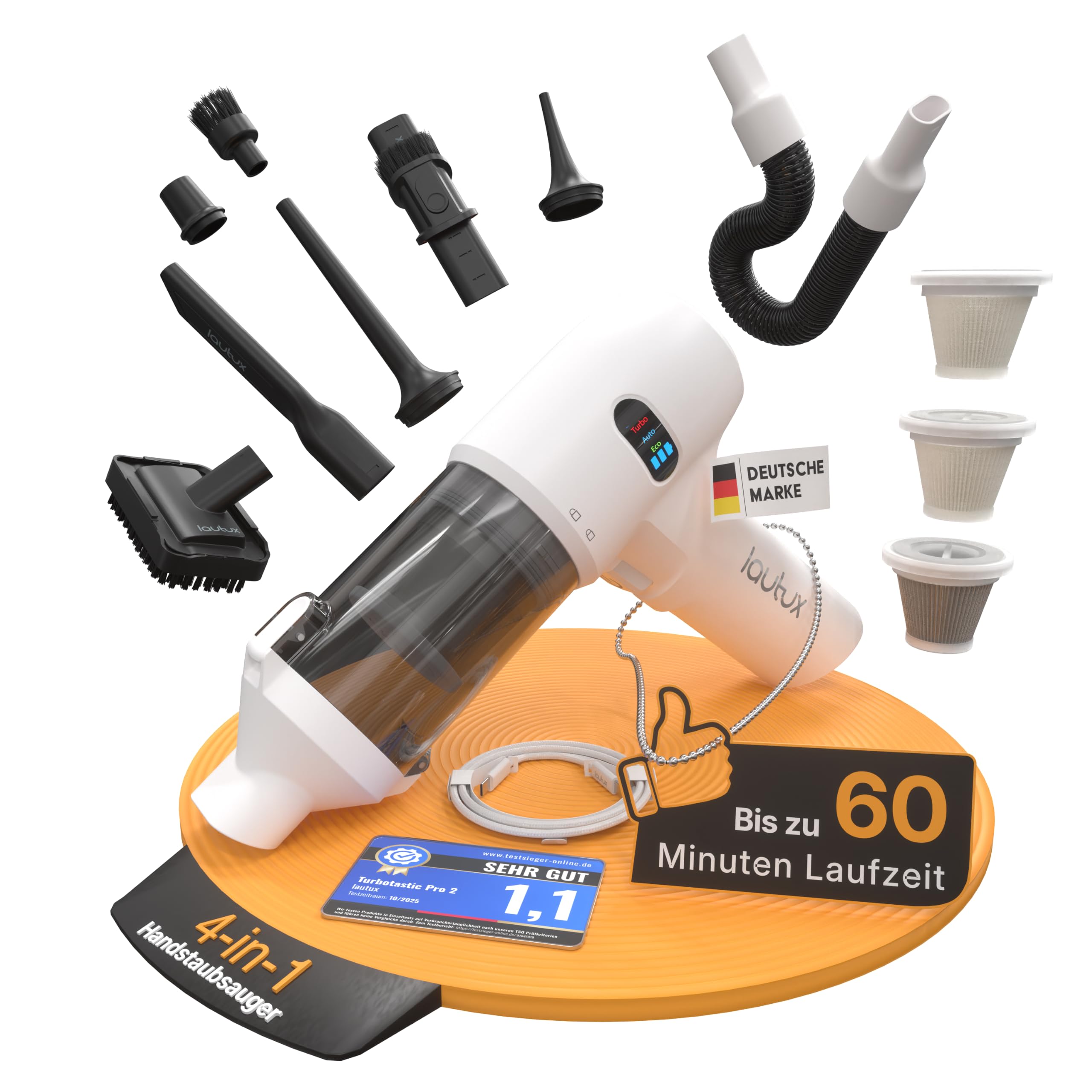 lautux Turbotastic Pro 2 Akku Handstaubsauger kabellos 20.000 Pa | Beutelloser 4-in-1 Akkustaubsauger mit Druckluft & HEPA-Filter, bis 60 Min, USB-C, nur 500 g