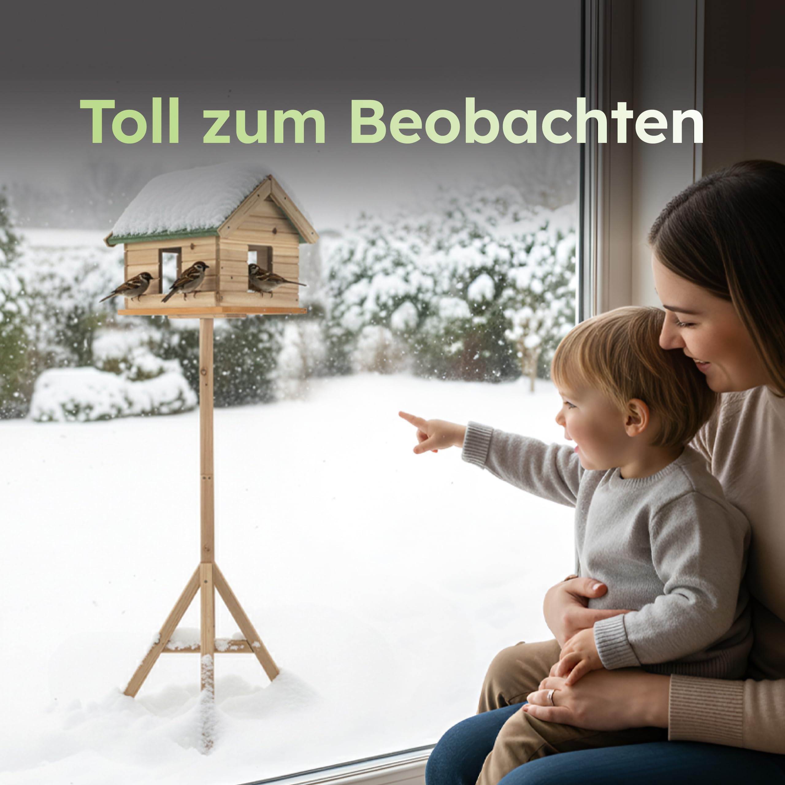 Moorland Vogelhaus mit Ständer & Fenster aus FSC® Tannenholz ganzjährig | 135cm hoch grünes Schindeldach geschlossenes Vogelfutterhaus wetterfestes Futterhäuschen für Vögel Ganzjähriges grünem VH2