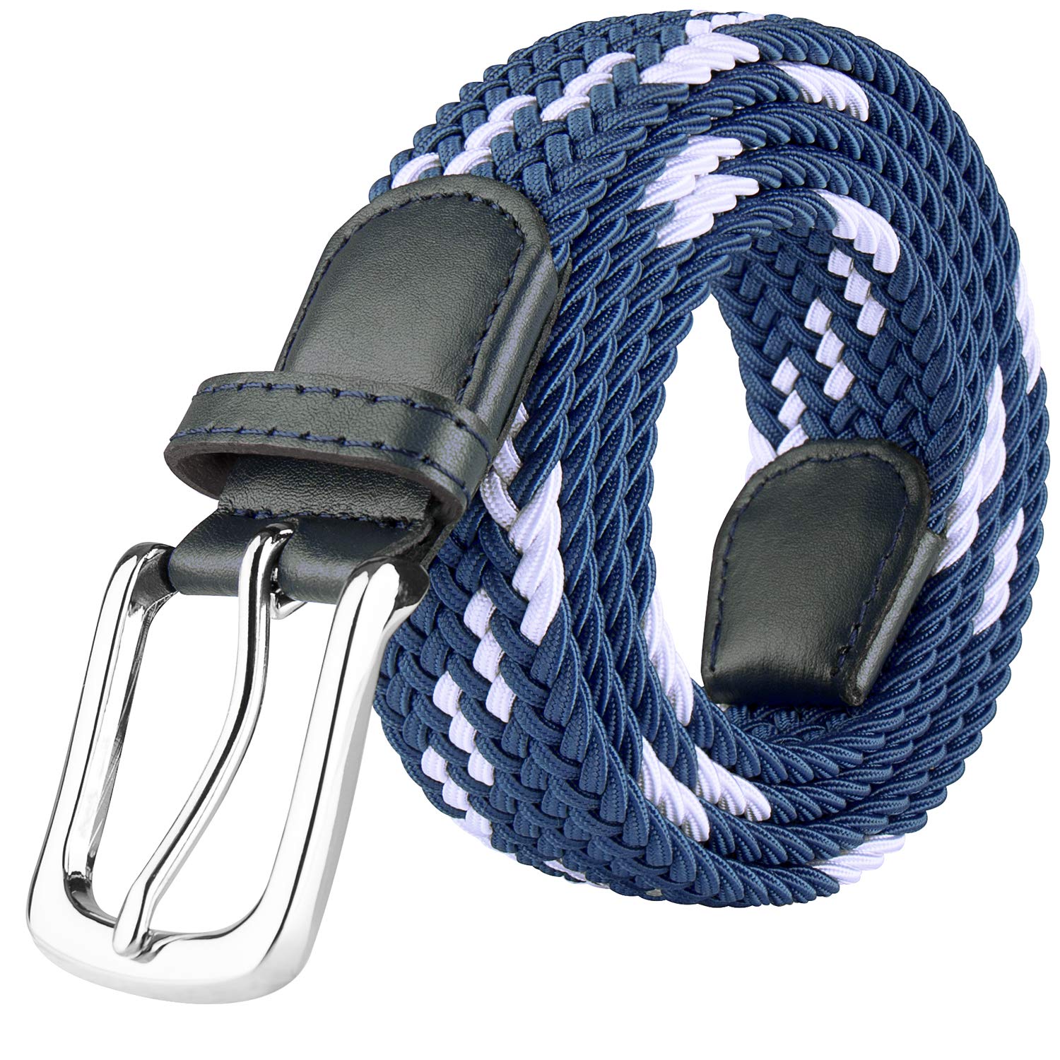 JUKMO Elastic Braided Belt, Stretch Woven Belt in Gift Box, Blue/White, Medium (for waist 32"-35")
