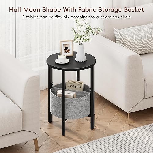 Miniatura 5 de Vagusicc Mesa auxiliar redonda pequeña, mesa auxiliar alta con cesta de almacenamiento, juego de 2 mesas redondas de media luna, mesas de noche de