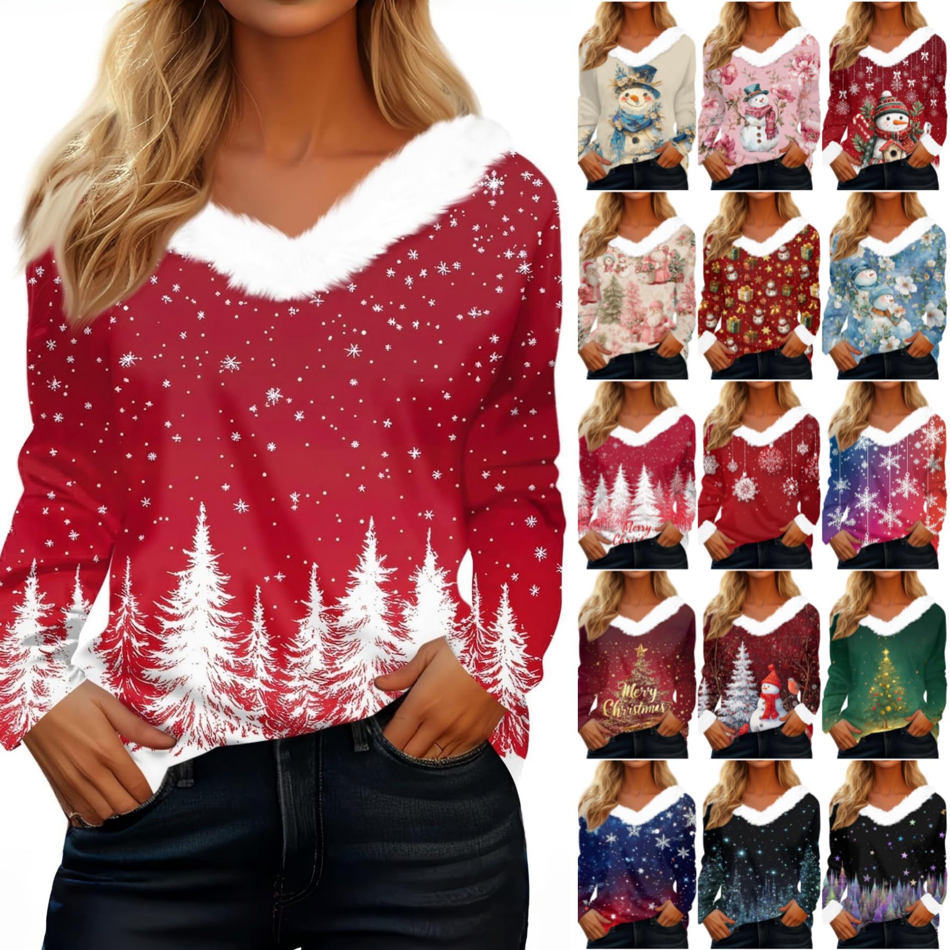 Ladies Festive Top V Neck Faux Fur Trim Long Sleeve Christmas Shirt