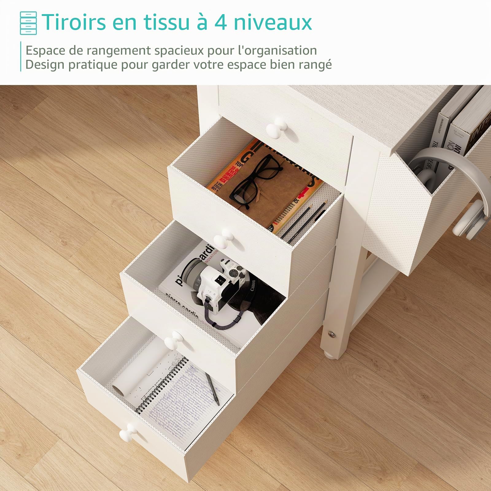 Lufeiya Bureau Angle avec 4 Tiroirs Petit Bureau Blanc avec Rangement, PC Bureau en L pour Petit Espace Fille,Ado 120X50CM (Prises Européennes)