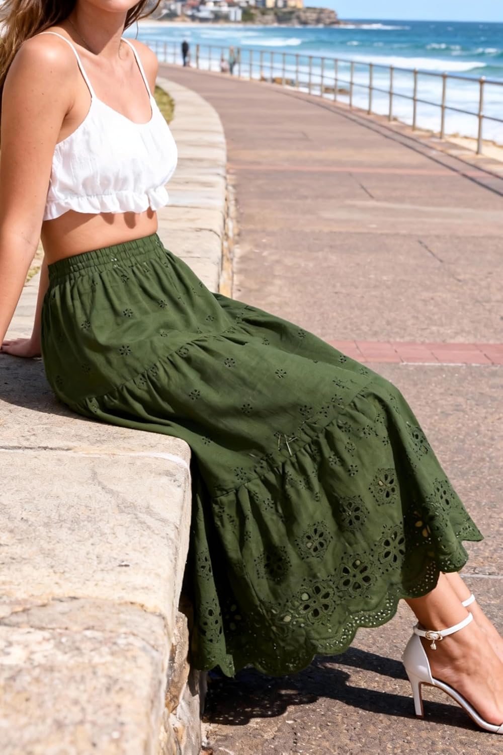 Women's Summer Elastic High Waist A-Line Vintage Embroidery Lace Tiered 2026 Casual Vacation Boho Midi Skirts - Image 7
