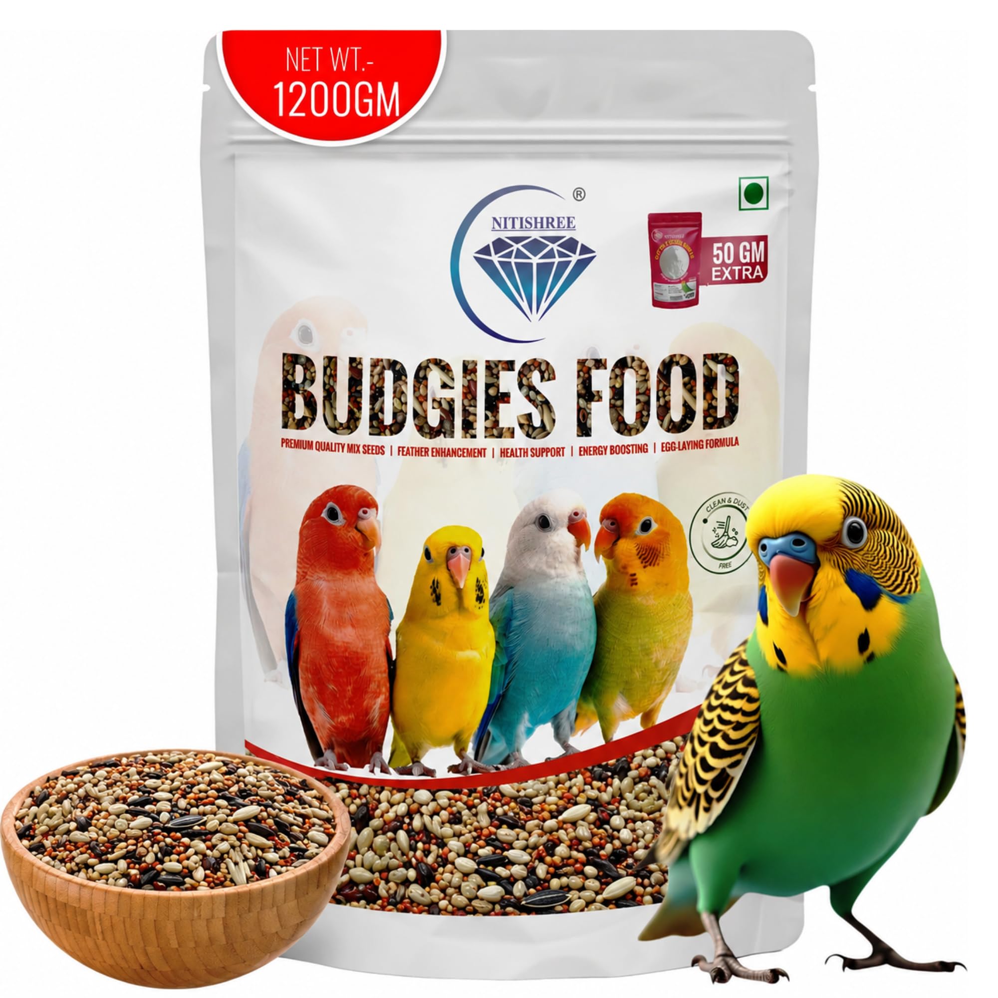 Nitishree Premium Budgies Bird Food Mix Seeds, Protein-Rich Seeds with Cuttlefish Bone Powder - 50 gm Extra, for Budgies, Parakeets and Small Birds 1200 gm Pack of One-picture-13