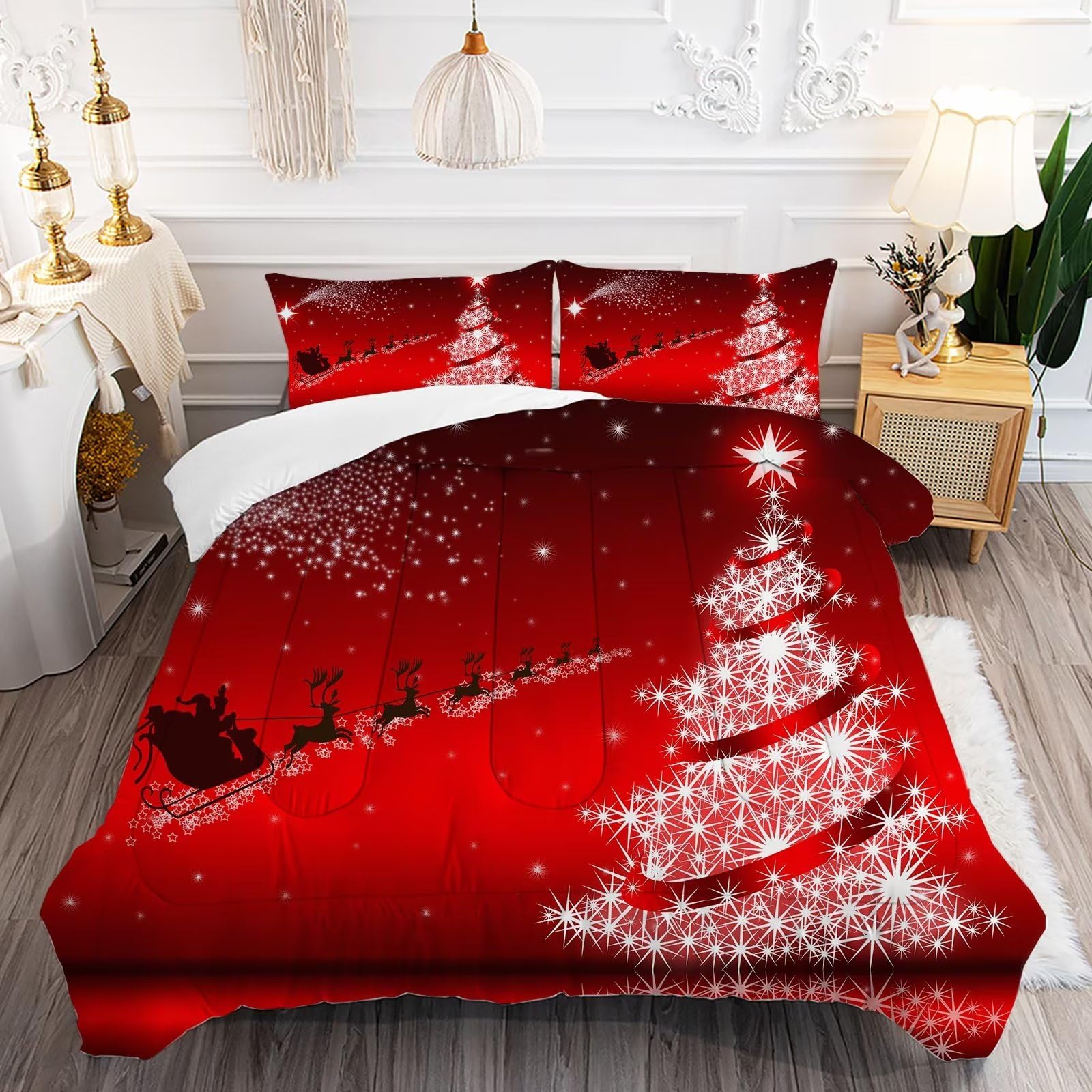 kxry merry christmas comforter set santa claus deer christmas tree galaxy red bedding quilt queen size for girls boys kids 1 comforter + 2 pillow cases