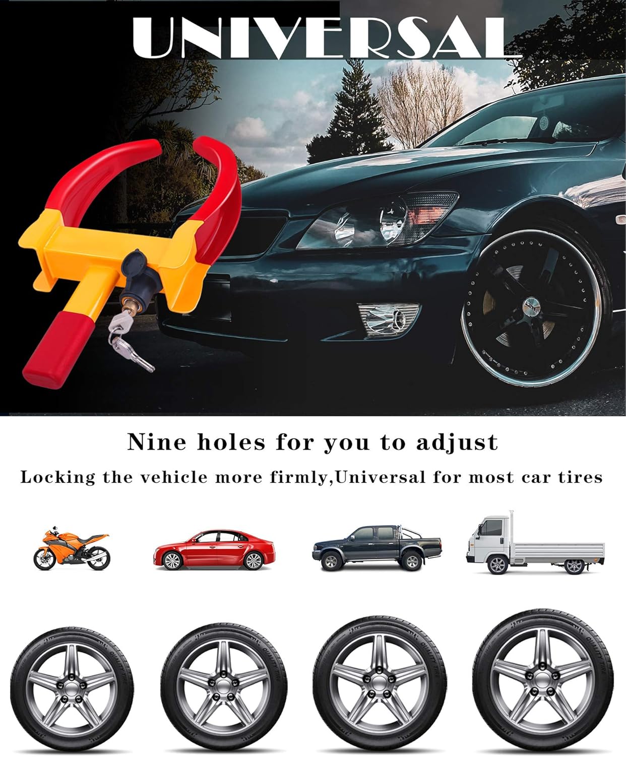 Tevlaphee Universal Wheel Lock Heavy Duty Security Trailer Wheel Lock Tires Anti Theft for Car SUV Boat Motorcycle Golf Cart Great Deterrent Bright Color with 3 Keys (Red-Yellow) : Automotive