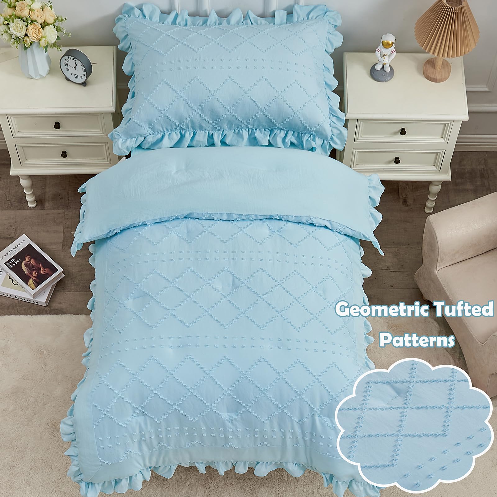 Juego de ropa de cama bohemio de 4 piezas para niñas, juego de sábanas con volantes azules, juego de sábanas de cuna bordado jacquard suave para bebé, incluye edredón, sábana encimera, sábana bajera,