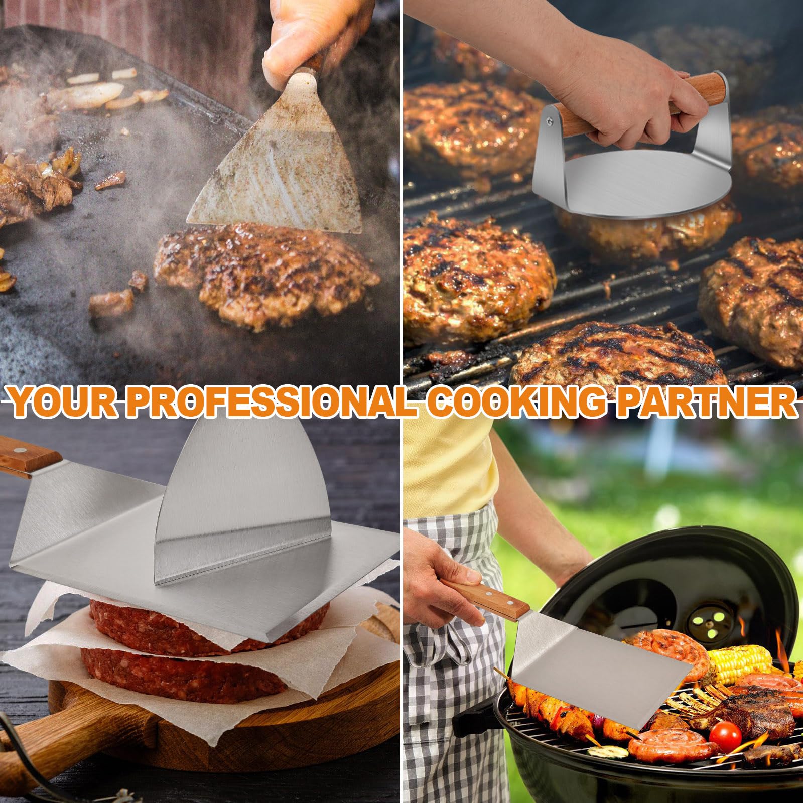 Smash Burger Kit, Presse Burger, Acier Inoxydable Spatule Plancha, avec 20 Papier Steak Haché, Papiers à Hamburger, Professionnel d'Accessoires Barbecue