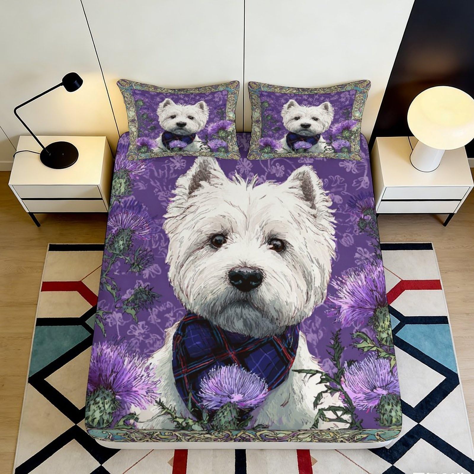 3D Printed Westie Dog Art Fitted Sheet Microfiber Purple Floral Thistle Mattress Cover for Bedroom Dorm Decor 90x200x25cm