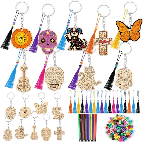 HOWAF Sugar Skull Wooden Crafts Kit, 18pcs DIY Day of the Dead Supplies Keychain with Tassels Beads Markers, Mexican Día de los Muertos Halloween Art Craft Supplies for School Projects DIY Favors