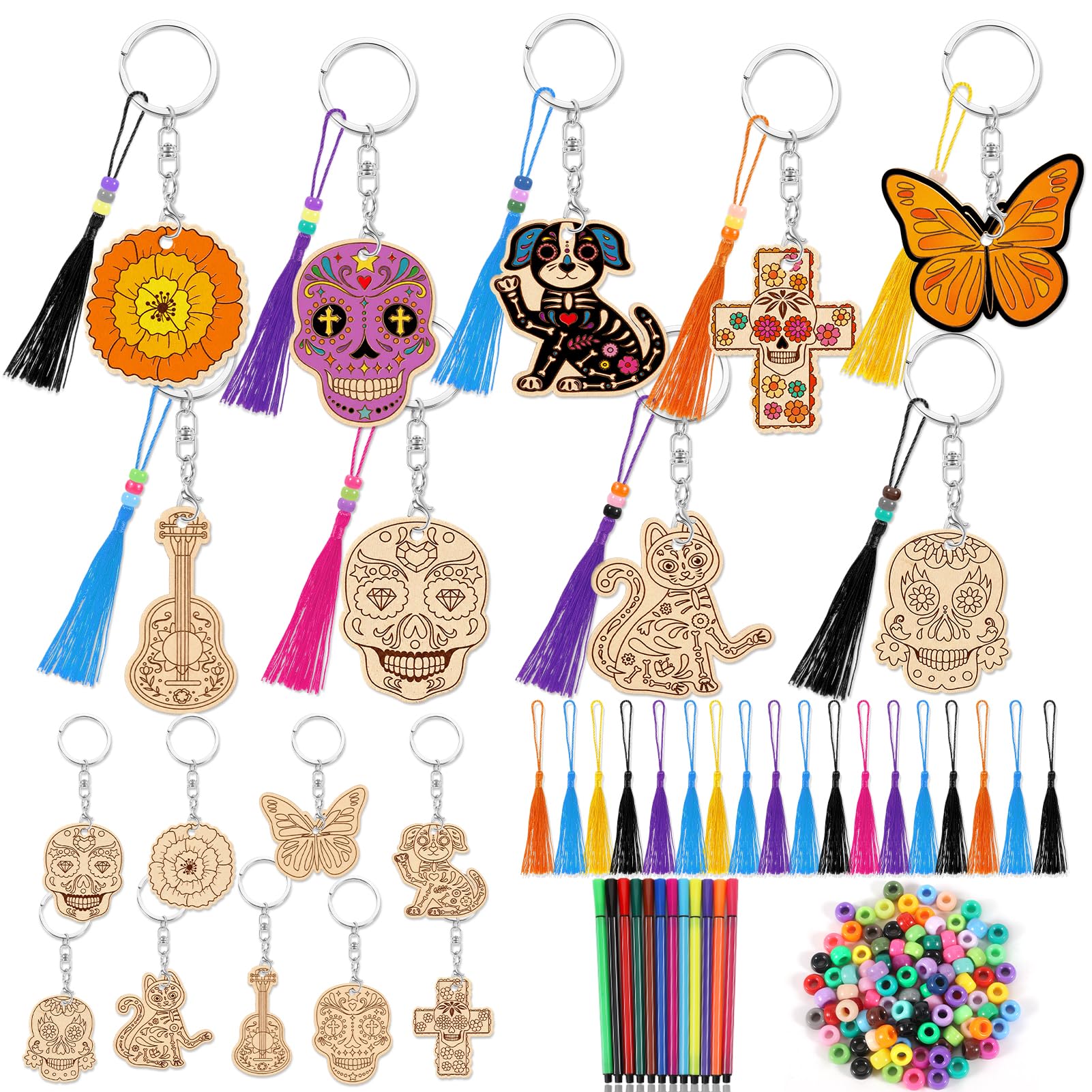 HOWAF 12 PCS Coloring Day of the Dead Keyrings & Paint Pens, Beads, Tassels, Color Your Own Dia de Los Muertos Keyring, Wooden Keyrings for Day of the Dead Accessories, Halloween Party Bag Fillers