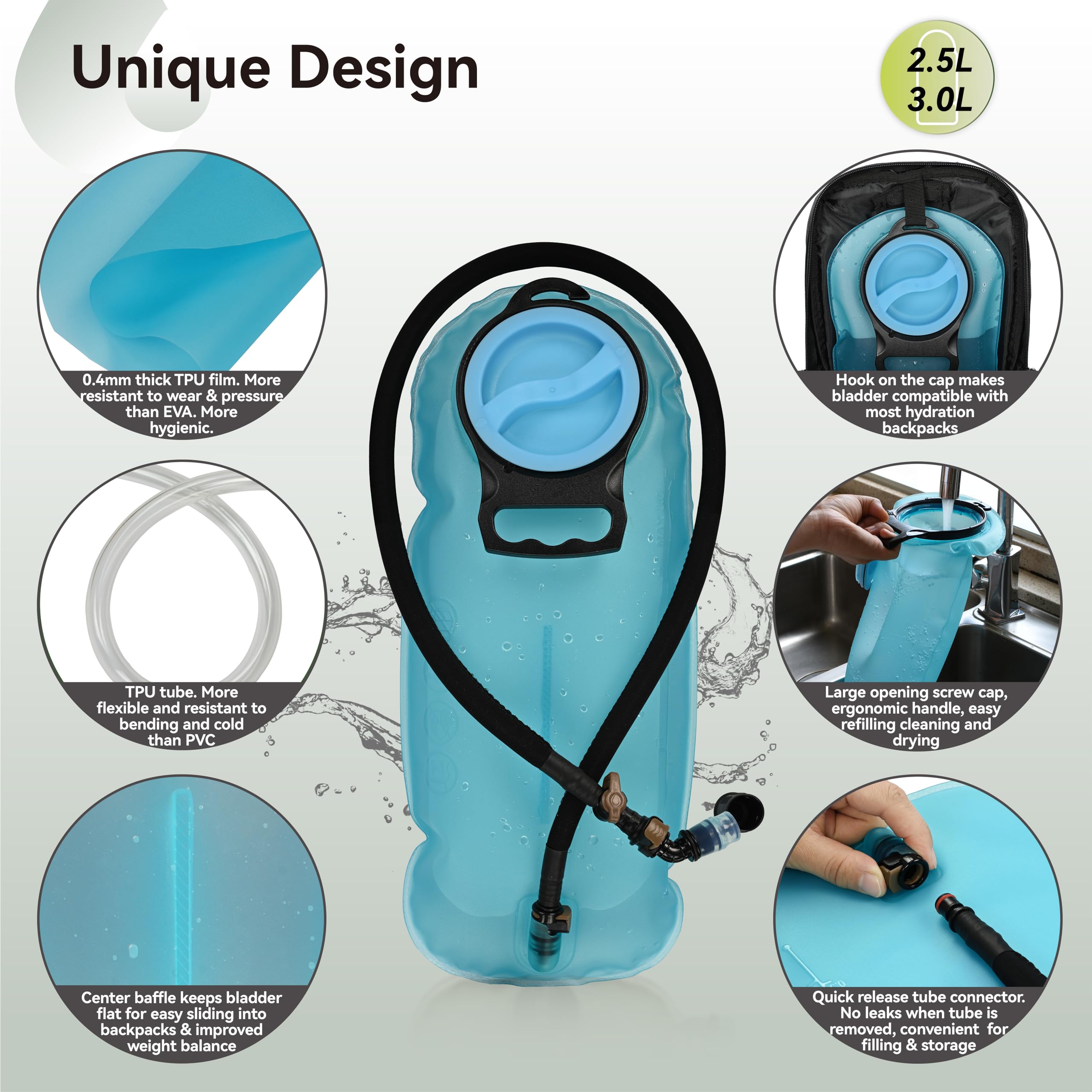 MARCHWAY Bolsa de hidratación de TPU de 2L/2.5L/3L, Bolsa de depósito de Agua Ultra Duradera con Tubo Aislado para Paquete de hidratación para Ciclismo, Senderismo, Correr, Escalada, Ciclismo