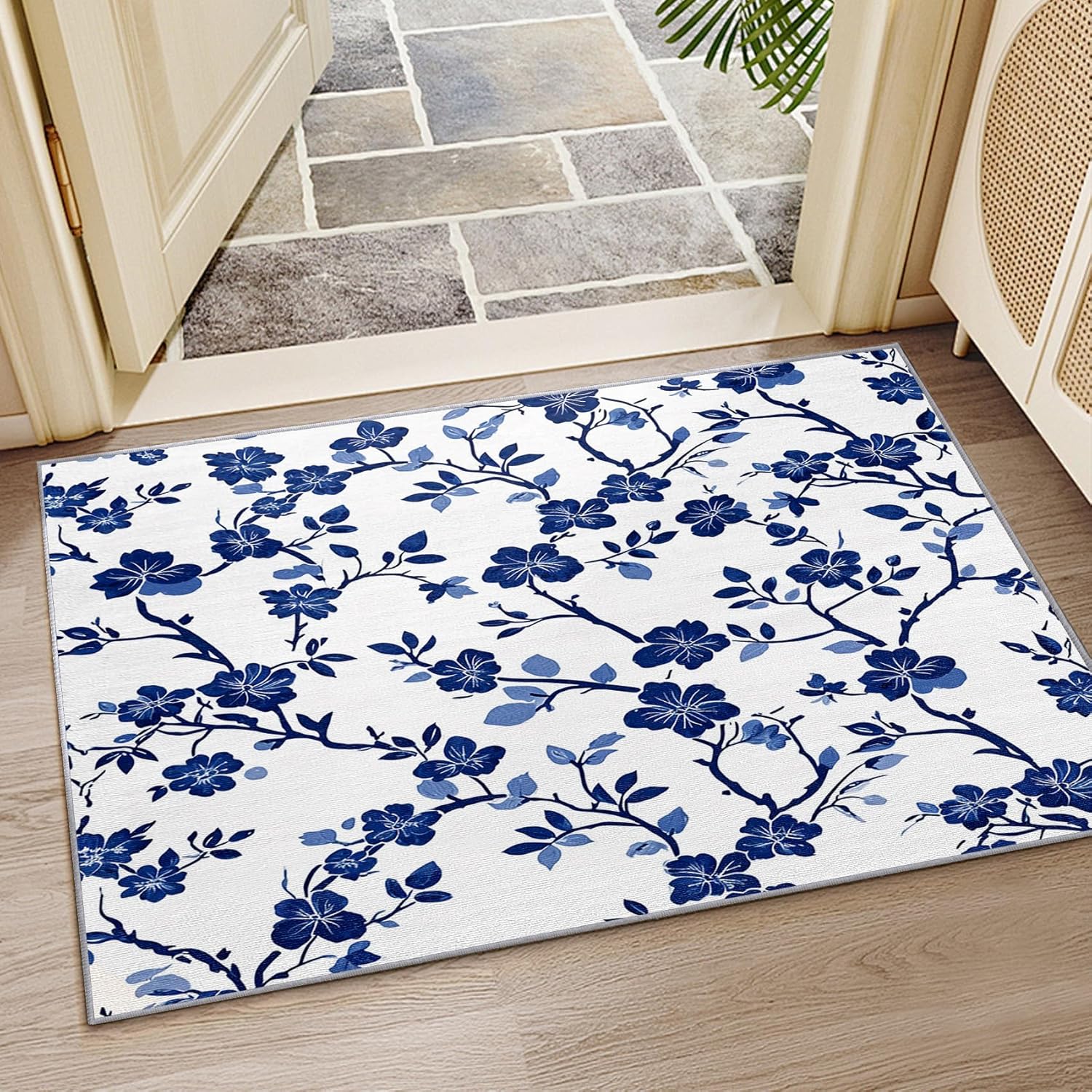2x3 Rug, Blue Floral Door Mat Washable Non Slip Soft for Entryway, Blue and White Flower Rug, Botanical Asian Style Carpet, Blue Floral Home Decor & Gifts
