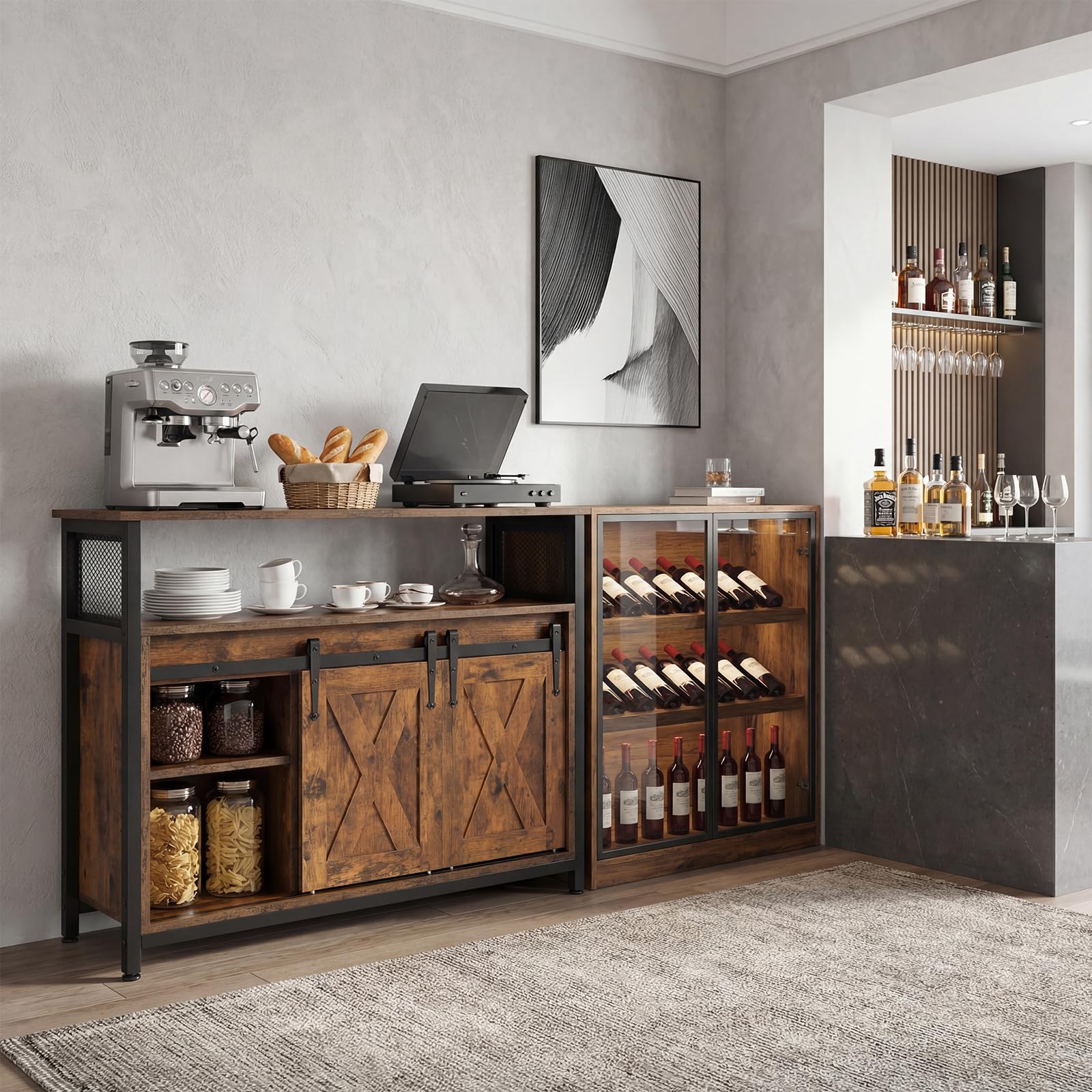 Sideboard, Küchenschrank, Aufbewahrungsschrank, 100 x 33 x 80 cm, mit 2 Schiebetüren, verstellbare Ablagen, Landhausstil, für Wohnzimmer, Esszimmer und Küche, vintagebraun-schwarz