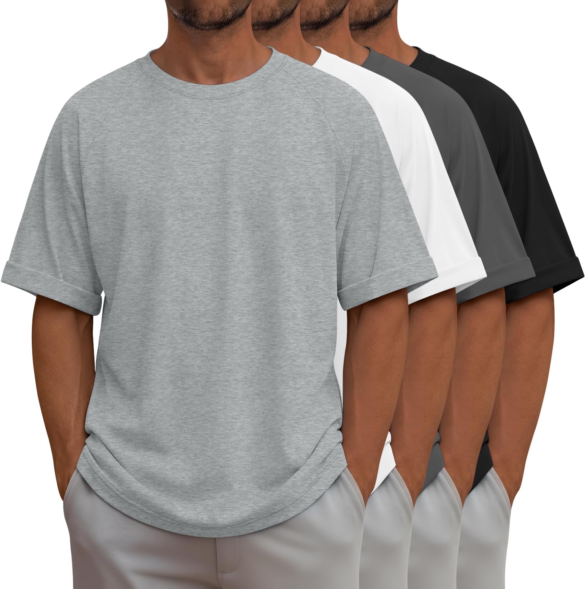 4 Pack Oversized Shirts for Men Gym Short Sleeve T-Shirts Casual Workout Raglan Sleeve Tees Loose Fit Crewneck Top