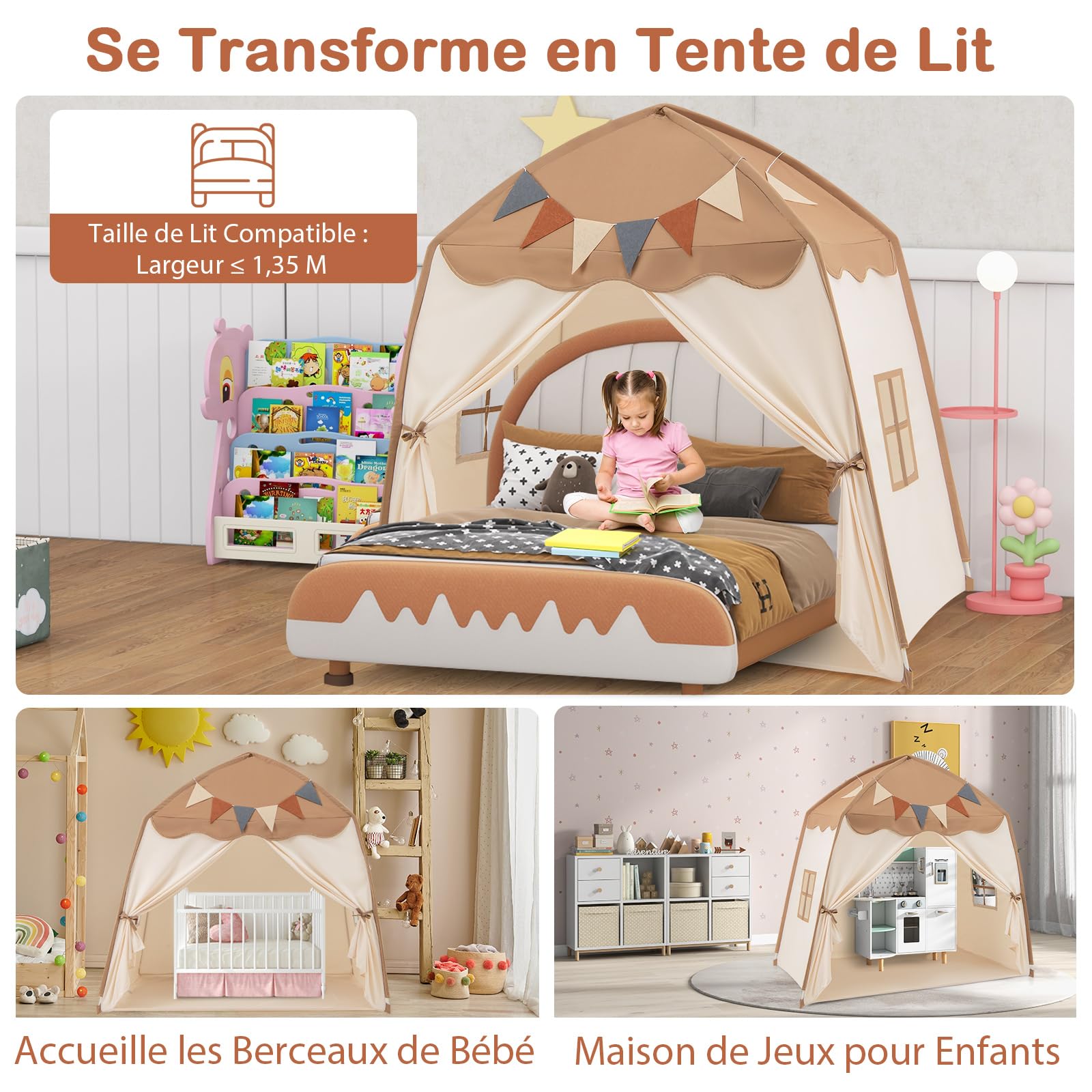 COSTWAY Tente de Jeux Enfant avec Guirlandes Lumineuses & Drapeaux, Cabane Enfant Interieure avec Fenêtres & Tissu Lavable, Style Princesse pour 3 Enfants de 3-12 Ans, 157x98x148cm (Beige + Café)