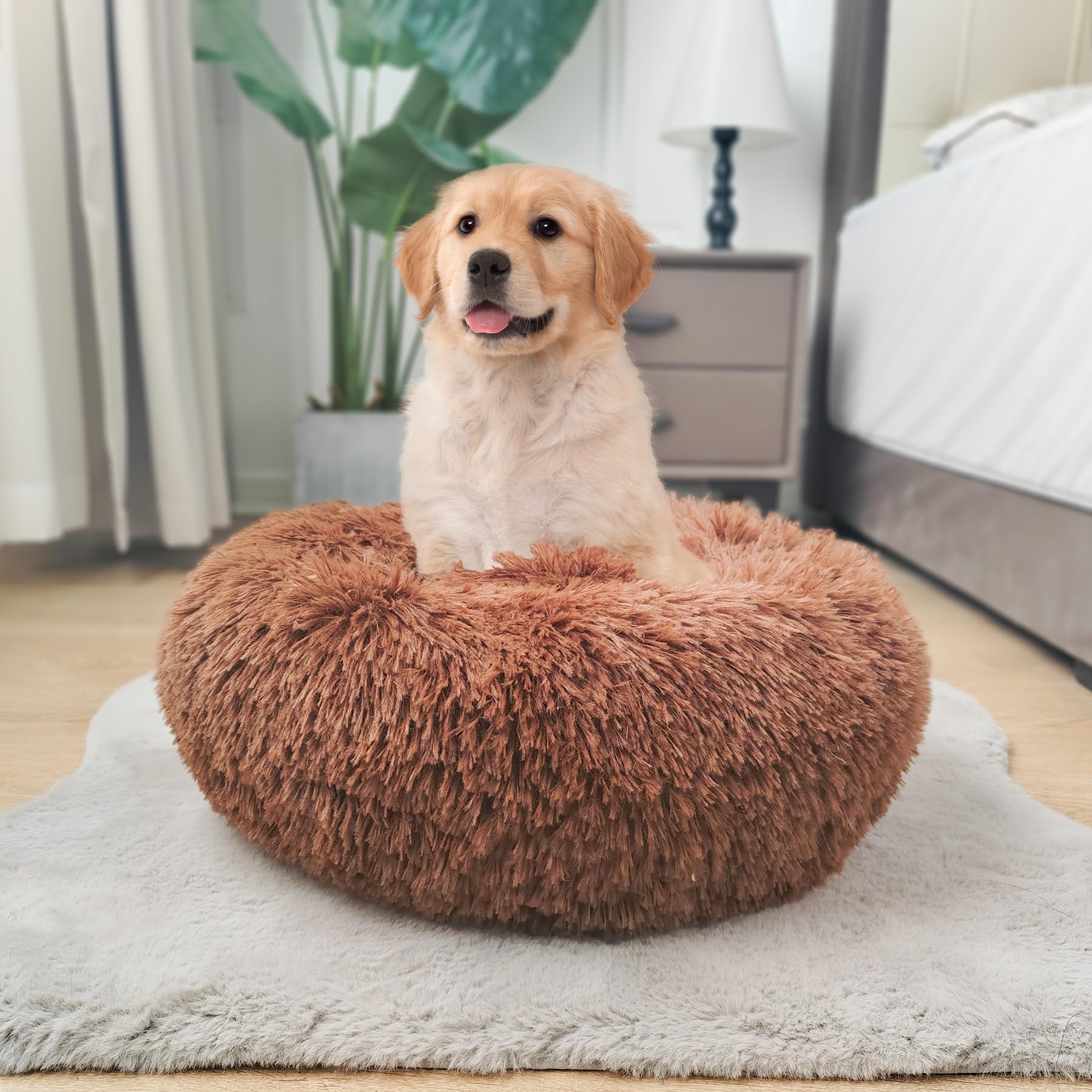 Cama calmante de lujo para perros y gatos pequeños y medianos, cama redonda de piel sintética acogedora, cálida, suave, esponjosa, de piel sintética, tamaños de 24 pulgadas, cama para cachorros