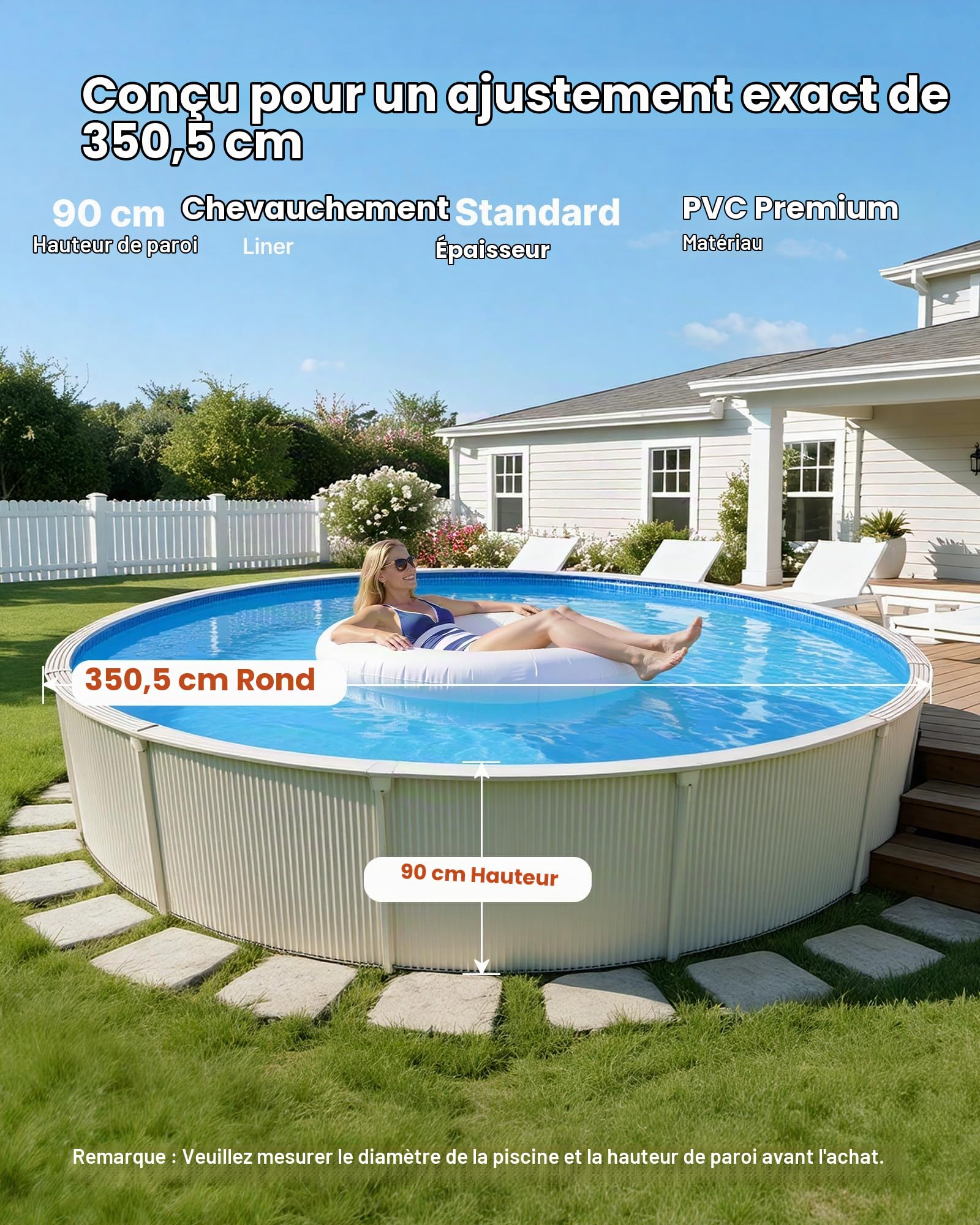 VEVOR Liner Piscine Hors-Sol Ronde Diamètre 350,5 cm Hauteur Paroi 90 cm Film Intérieur de Piscine Épaisseur 0,6 mm pour Rénovation Étanchéité, Système Overlap, en PVC, Anti-UV, Anti-Déchirure, Bleu