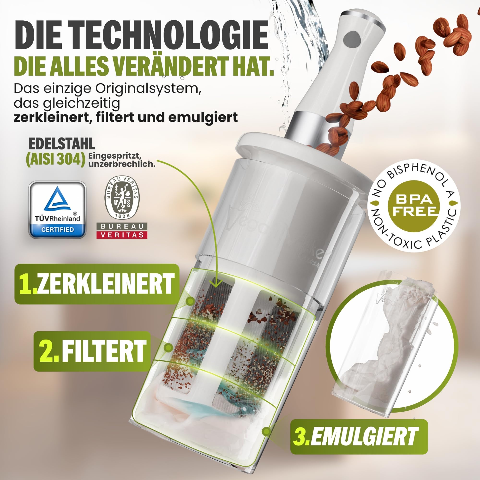 Vegan Milker Classic Pflanzenmilchbereiter Maker - Pflanzenmilch Machine Mandelmilch, Sojamilch und Reis | 1L in 1 Minute 100% Natürlich mit Filter | Kompatibel mit Stabmixer | Klassisch Weiß