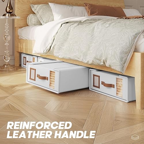 Miniatura 8 de Paquete de 6 organizadores de sábanas y almacenamiento (tamaño Cal King) con asas de cuero, organizador plegable de lino con ventana transparente,