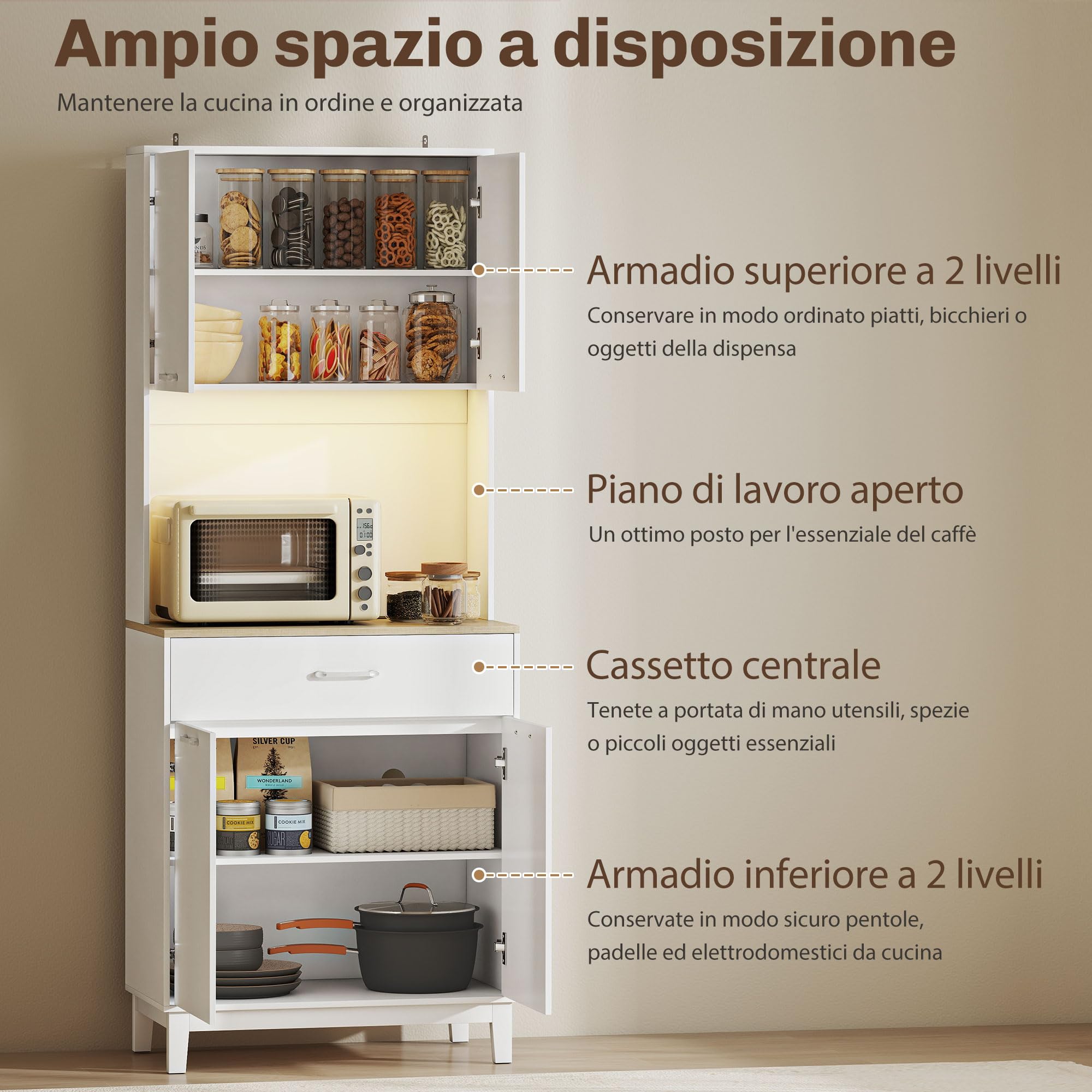 HOMCOM Credenza Cucina, Mobile Dispensa con Luci LED e Stazione di Ricarica con USB, Mobile Cucina con 2 Armadietti, Cassetto, Ripiani Regolabili, per Sala da Pranzo, Soggiorno, 71x40x180 cm, Bianco