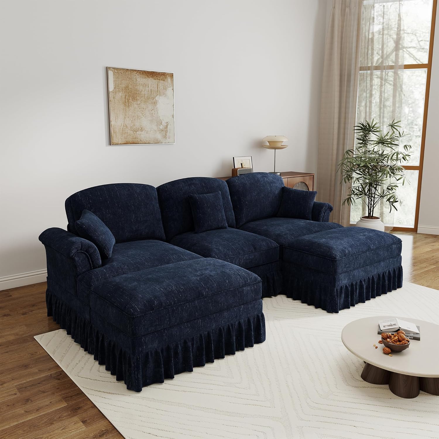 76.4" Modular Sectional Sofa, Loveseat Cloud Couch with Removable Pleated Skirt, Deep Seat Chenille Couches for Living Room, Apartment (White)