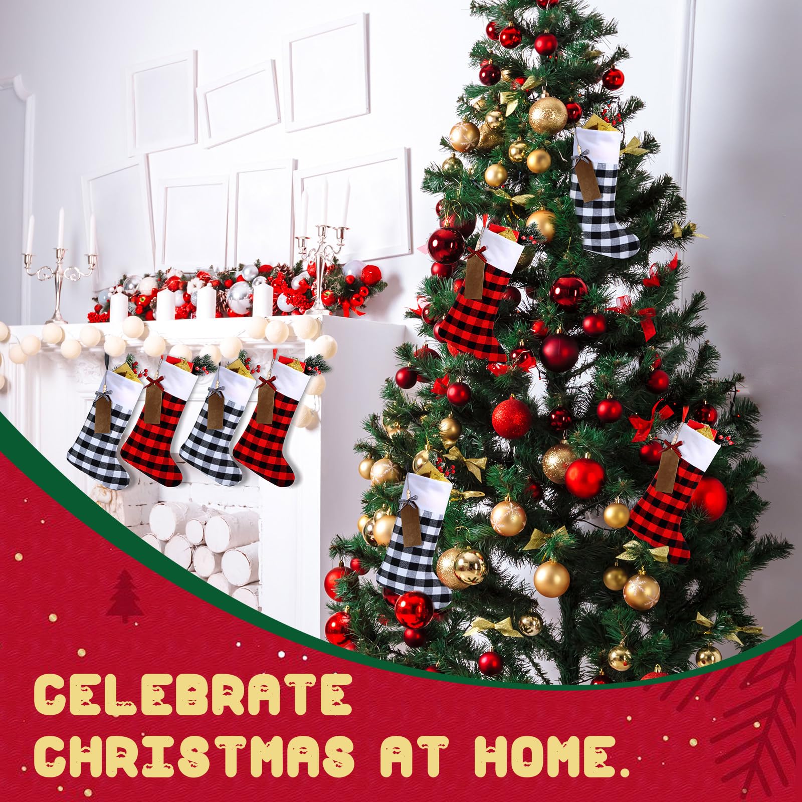 Lot de 16 grandes chaussettes de Noël avec étiquettes de nom en bois à faire soi-même - 45,7 cm - Décorations de Noël à suspendre avec étiquettes pour décoration de fête de Noël (blanc noir, rouge