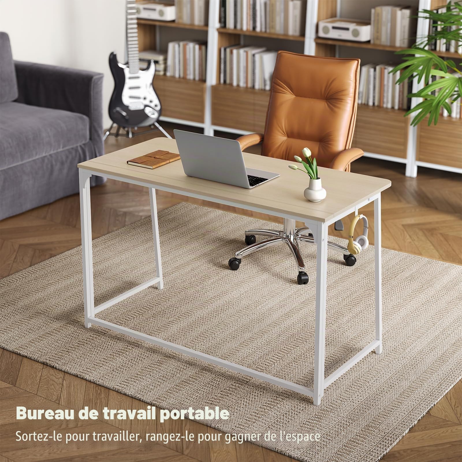 WOHOMO Petit Bureau Pliable de 120 cm pour Les Petits espaces, Table d'ordinateur, Station de Travail d'écriture pour Bureau à Domicile, Assemblage Facile, Beige