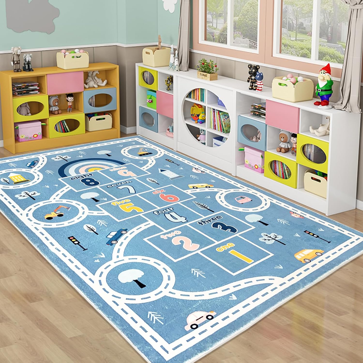 Kids Play Mat Hopscotch Area Rug Car Rug 5x8Ft Extra Large Hopscotch Rug for Kids Boys Bedroom Classroom Carpet Educational Learning Area Rug Children Rug Preschool Boys Shower Gift, Blue