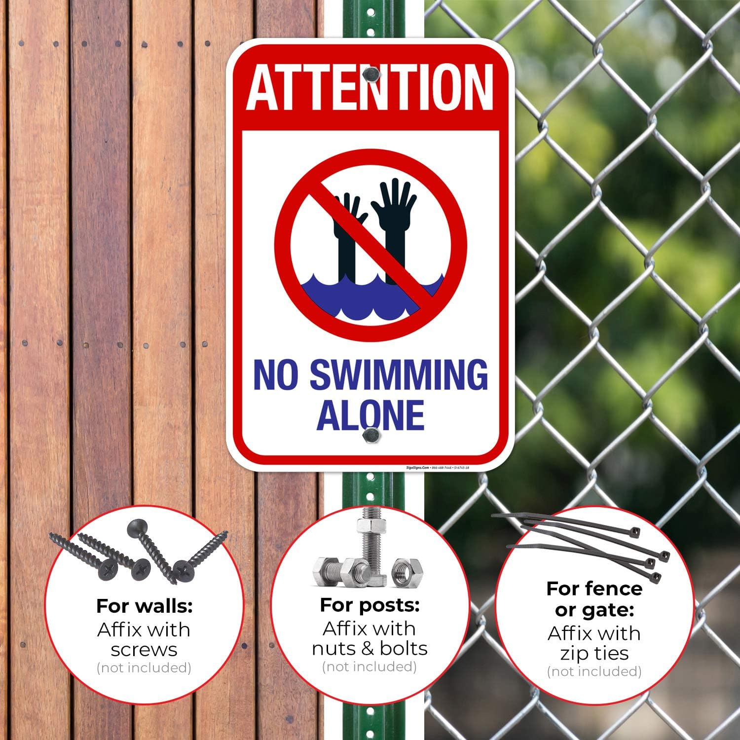 Attention No Swimming Alone Sign, Pool Sign, 12x18 Inches, Rust Free .063 Aluminum, Fade Resistant, Made in USA
