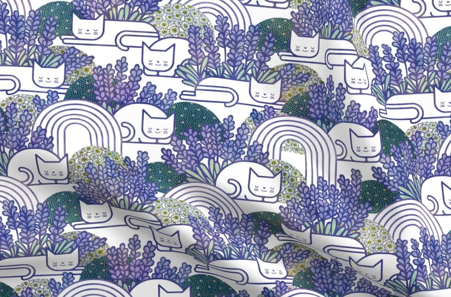 Spoonflower Fabric - Lavender Field Cats Cat Garden Pets Floral Pet White Cute Purple Mint Printed on Organic Cotton Sateen Fabric by The Yard - Sewing Quilting Apparel Home Decor