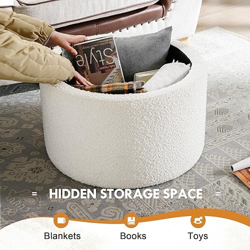 Miniatura 4 de Otomana de almacenamiento, otomana con almacenamiento para sala de estar, reposapiés Farbic Beige Boucle, mesa auxiliar con tapa de madera, taburete