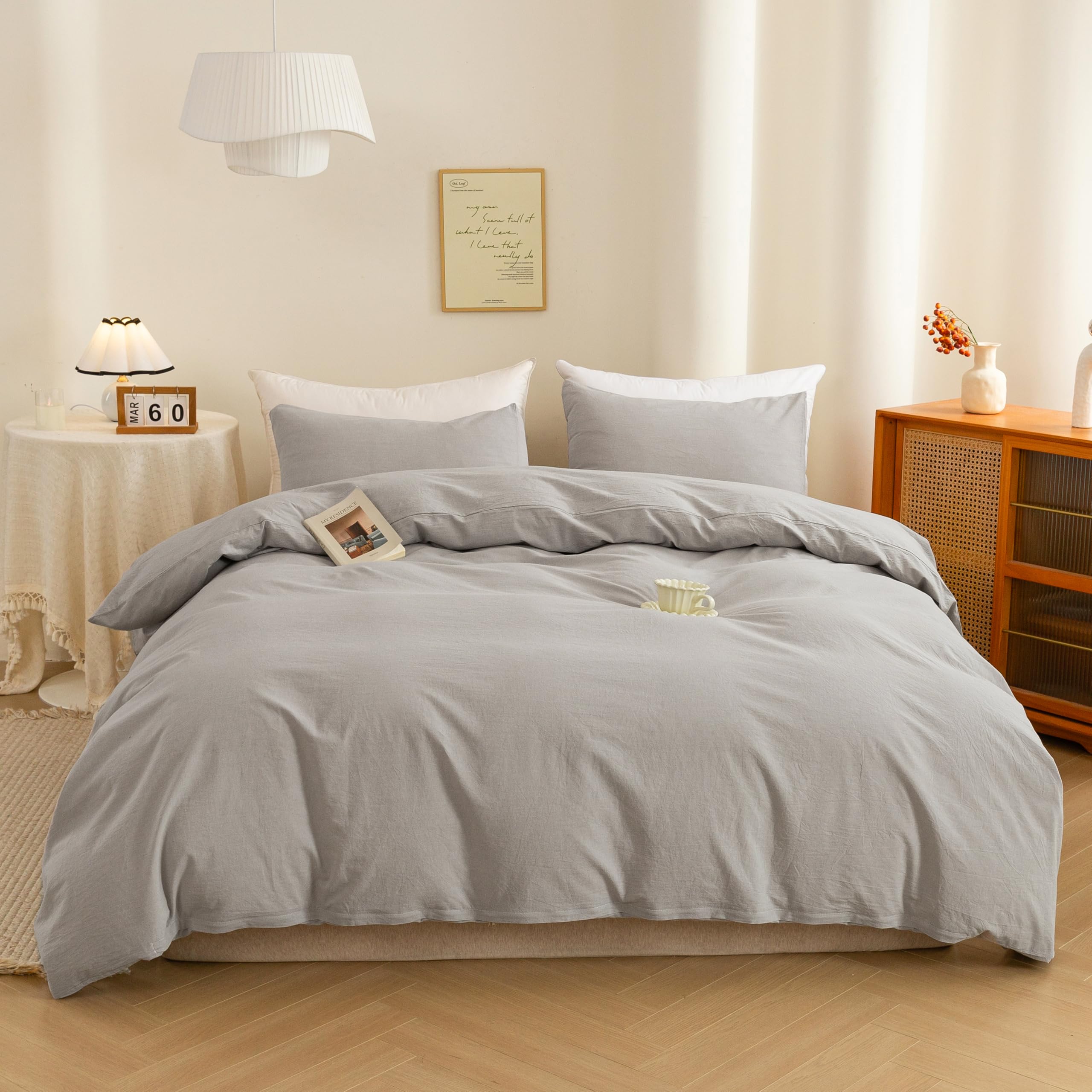 ECOCOTT Cotton 3 Pcs Duvet Cover Set Linen Feel Light Grey Queen Size