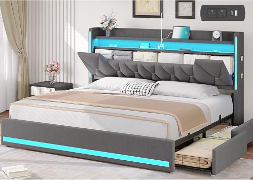 BYSAUD King Size Bed Frame with Storage Headboard and LED Lights
