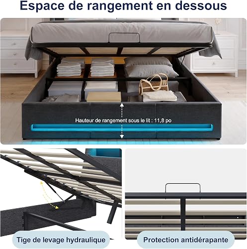 Lit Coffre 180x200 avec Sommier,Lit Double Rembourré180x200 avec LED,Lit 2 Personnes avec Rangement Hydraulique et Tiroirs,Rangement Caché en Tête de lits,Velours Beige,sans Matelas - 7