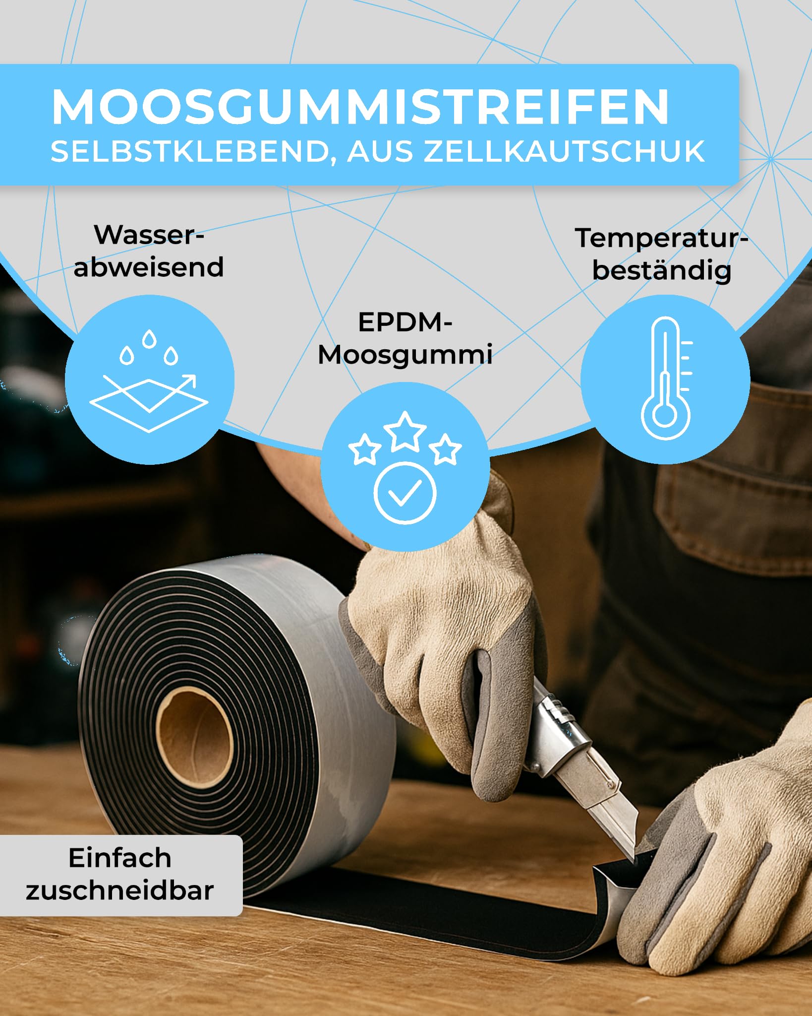 Moosgummi 4-20cm breit 10mm dick 1 bis 10m lang mit einseitiger Klebeschicht Zellkautschuk EPDM Gummidichtung Bodenbelag (BxH 8cmx10mm, 8m)