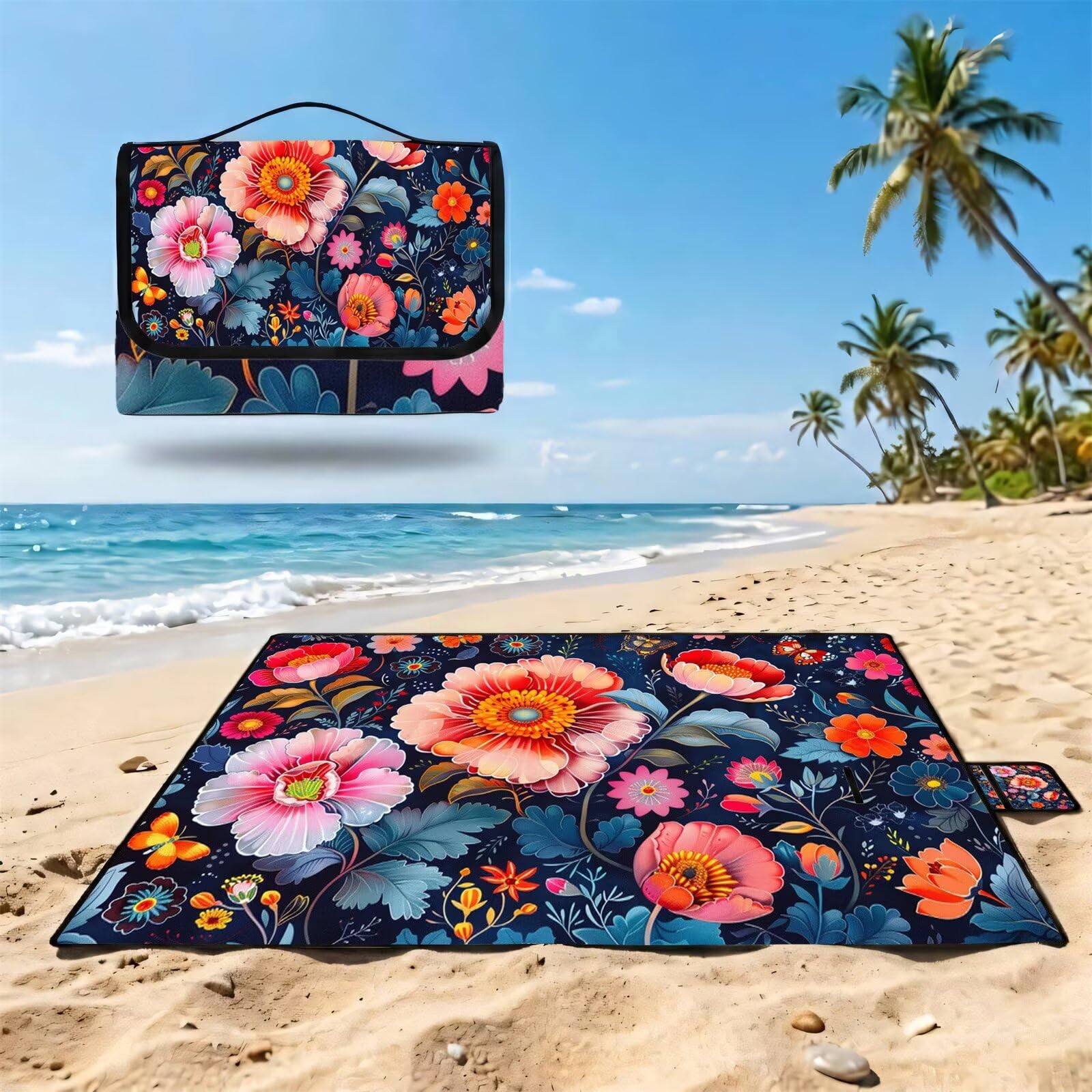 Couverture Pique Nique Grande 200x300cm,Outdoor Couverture Imperméable,Pliable Tapis de Plage Dos en PVC Anti-Sable,Picnic Blanket pour Camping Accessoires,Jardin,Parc - Rose,chrysanthème UZ-979