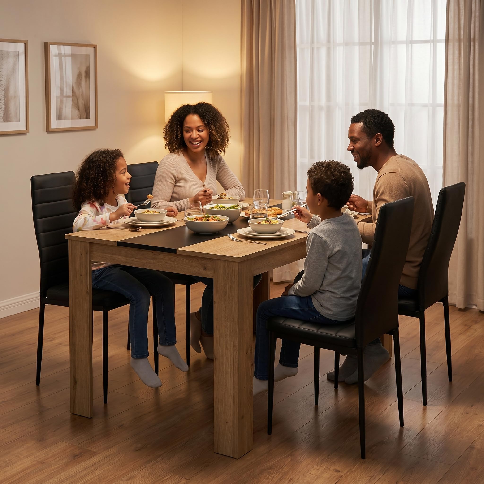Ensemble 1 Table et 4 Chaises, Table a Manger:110x70x75cm, Chaise:40x39x98cm, Table Rectangulaire 110cm (MDF Épais), Chaises Similicuir Noir, idéal pour Salle à Manger, Cuisine et Salon