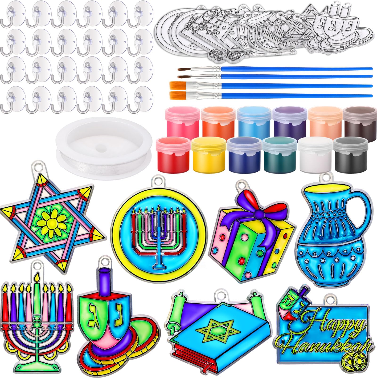 Cholemy 24 Sets Hanukkah Sun Catcher Kit Include Suncatcher Craft with Paints Suction Cups Fishing Thread, Jewish DIY Window Art Kit Paintable Suncatchers Hanukkah Decorations for Chanukah Gifts