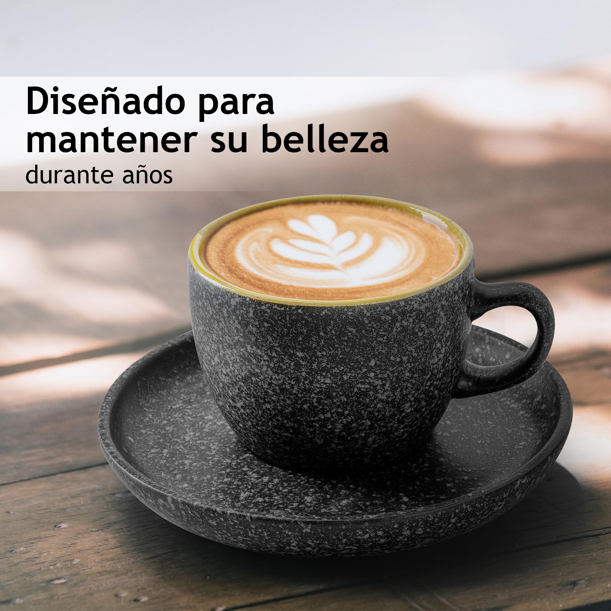 MIAMIO – Taza de Capuchino Apilable de Cerámica de 190 ml con Platillos y Soporte de Metal – Juego de 6 tazas de Capuchino de Gres para Bebidas Especiales de Café, Americano – Colección Las Palmitas