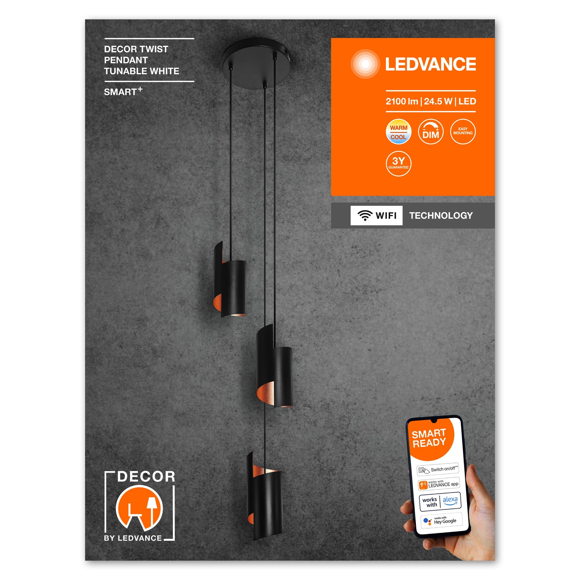 LEDVANCE SMART+ DECOR Twist lampada a sospensione WiFi, nera, 24,5W, 2100lm, luce bianca regolabile 3000-6500K, DIM, luce verso l'alto e il basso, controllo da app, compatibile con Amazon, Google