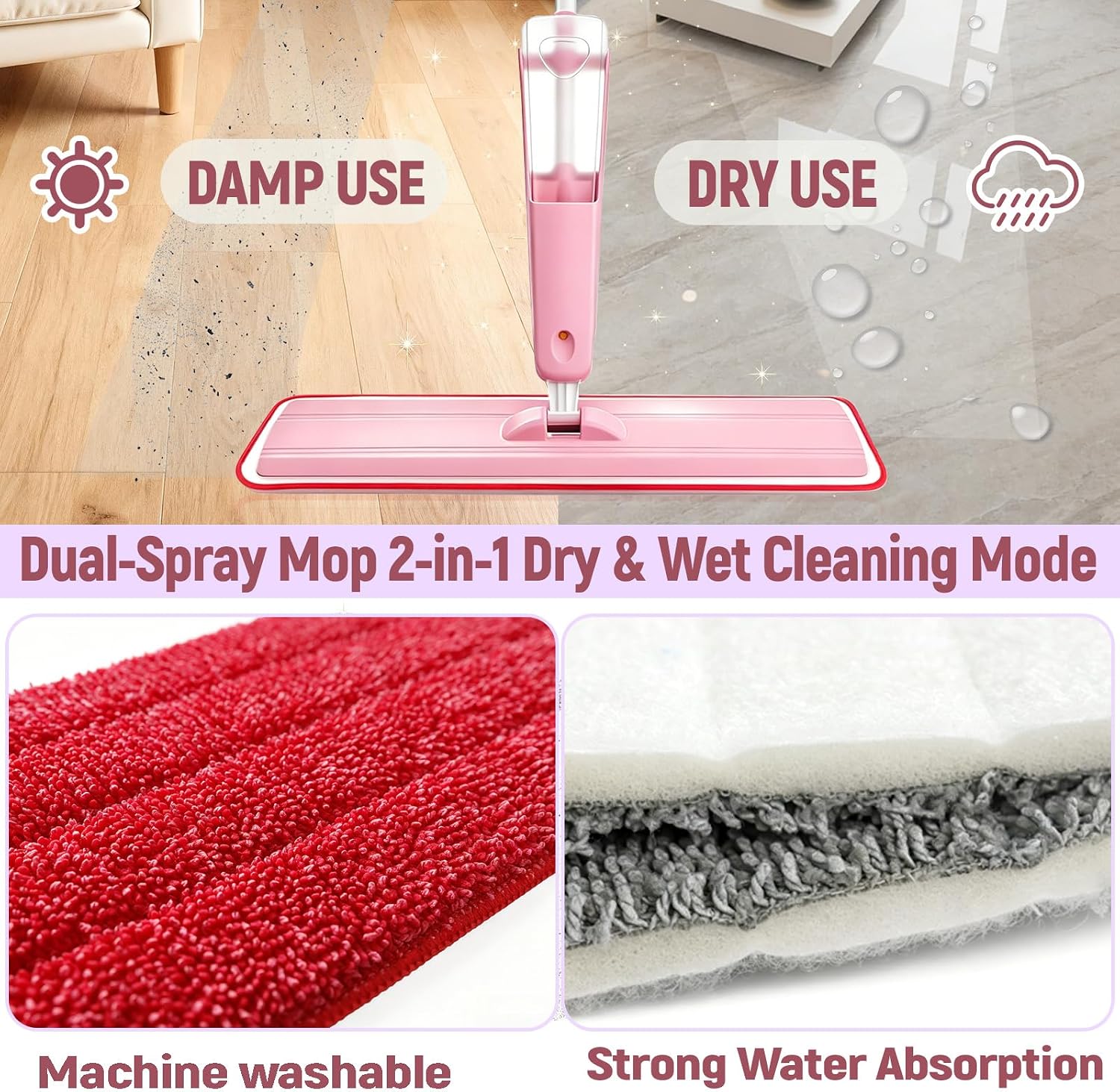 24" Dry mops for Floor Cleaning, Extra-Long Spray runtime & Light Mist Spray mop, Microfiber Wet mop w/ 28oz Tank & 2 Washable Pads, Heavy Duty Flat mop for Hardwood Tile Laminate Vinyl, Large Spaces