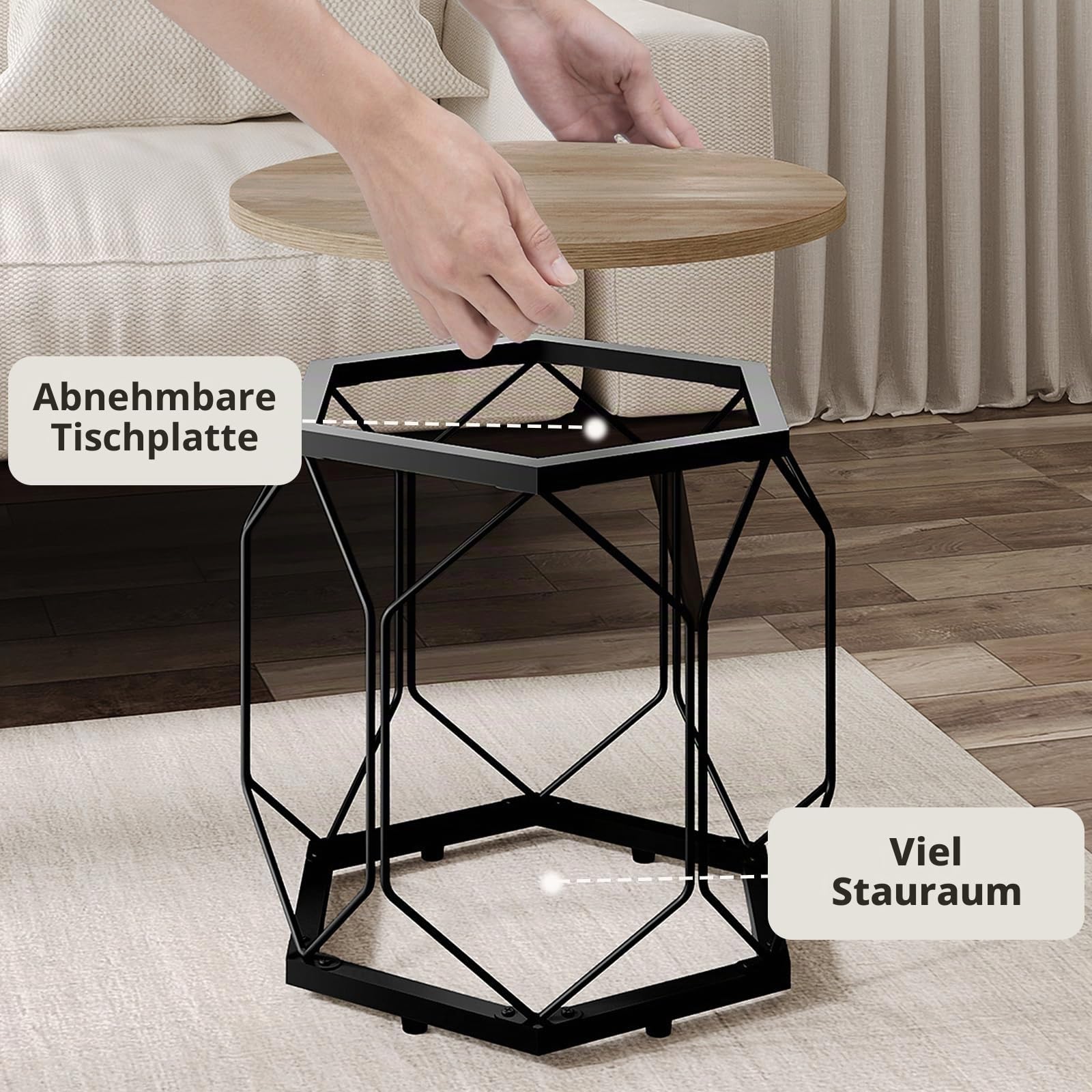 WOLTU Couchtisch 2er Set,Beistelltisch rund,hohlem Metallrahmen | Wohnzimmertisch mit Stauraum,Graue Holzoptik,einfache montage,bis 25 kg,für Wohnzimmer,Schlafzimmer ,Büro