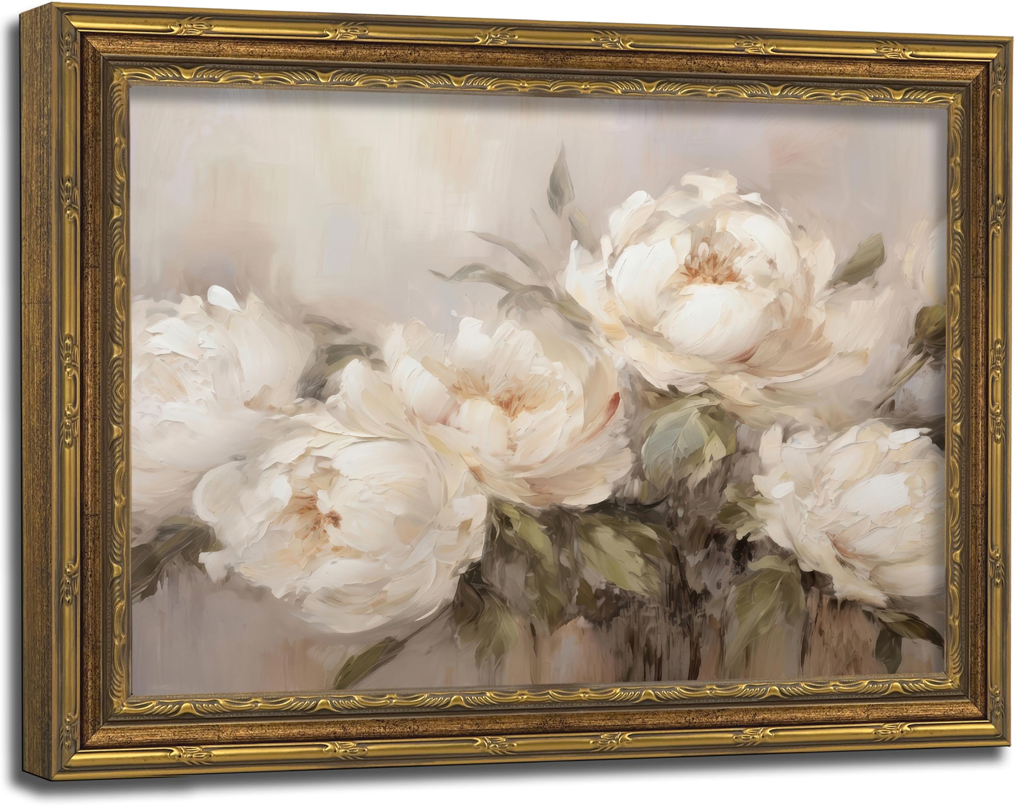 Vintage Gold Framed Floral Canvas Wall Art,Retro White Flower Painting Picture Wall Decor,White Peony Poster Print Artwork,for Farmhouse Living Room and Bedroom