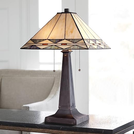 Robert Louis Tiffany Art Deco Tiffany Style Accent Table Lamp 21.5" High Mission Bronze Brown Antique Cream Amber Stained Glass Shade Decor for Living Room Bedroom House Bedside Nightstand Home