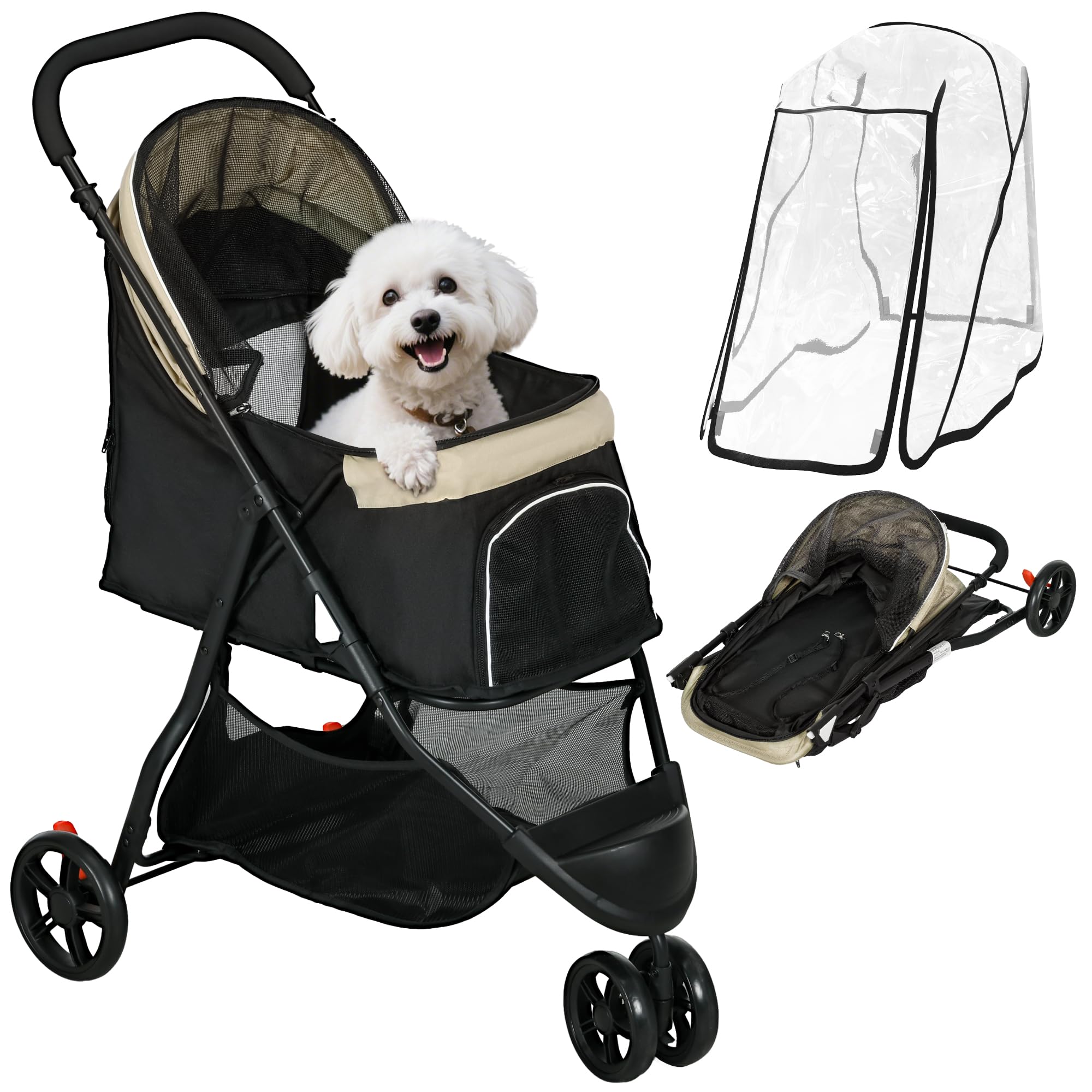 PawHut Carrito para Perros Plegable Carrito para Perros Pequeños con Cubierta para Lluvia Ventana de Malla Cesta y 2 Ruedas Universales Carga 15 kg 80,5x51,5x100 cm Caqui