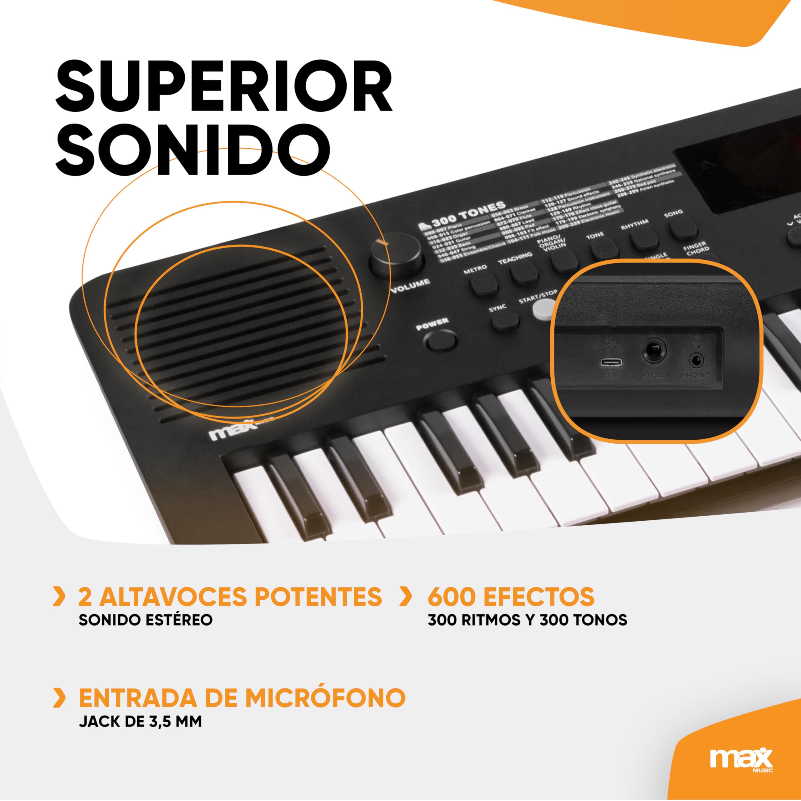 MAX Rhapsody49 - Piano eléctrico de 49 teclas para principiantes con función de aprendizaje, teclado con altavoz, pantalla LED, 80 canciones de demo, 300 de sonido y ritmos, USB-C, Midi y auriculares