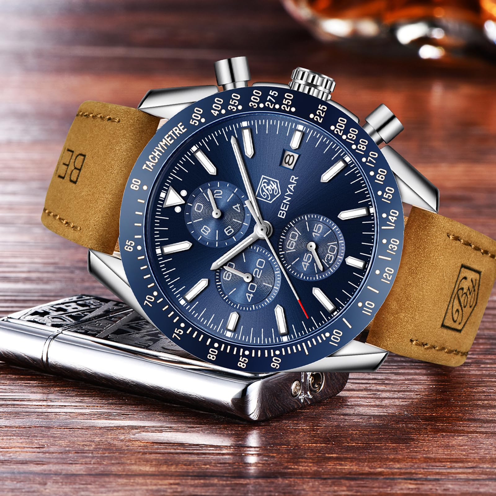 BENYAR 5140L - Reloj de pulsera de estilo clásico, moderno y elegante para hombre, con diseño deportivo de estilo casual, correa de cuero, Azul plateado 7