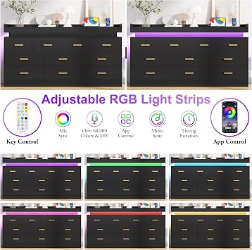 Hlivelood 10 Drawer Dresser with LED Lights & Charging Station, Wide Wooden Chest of Drawers for Bedroom, Storage Organizer Cabinet, Modern TV Stand Dresser for Closet, Living Room, Hallway, Black