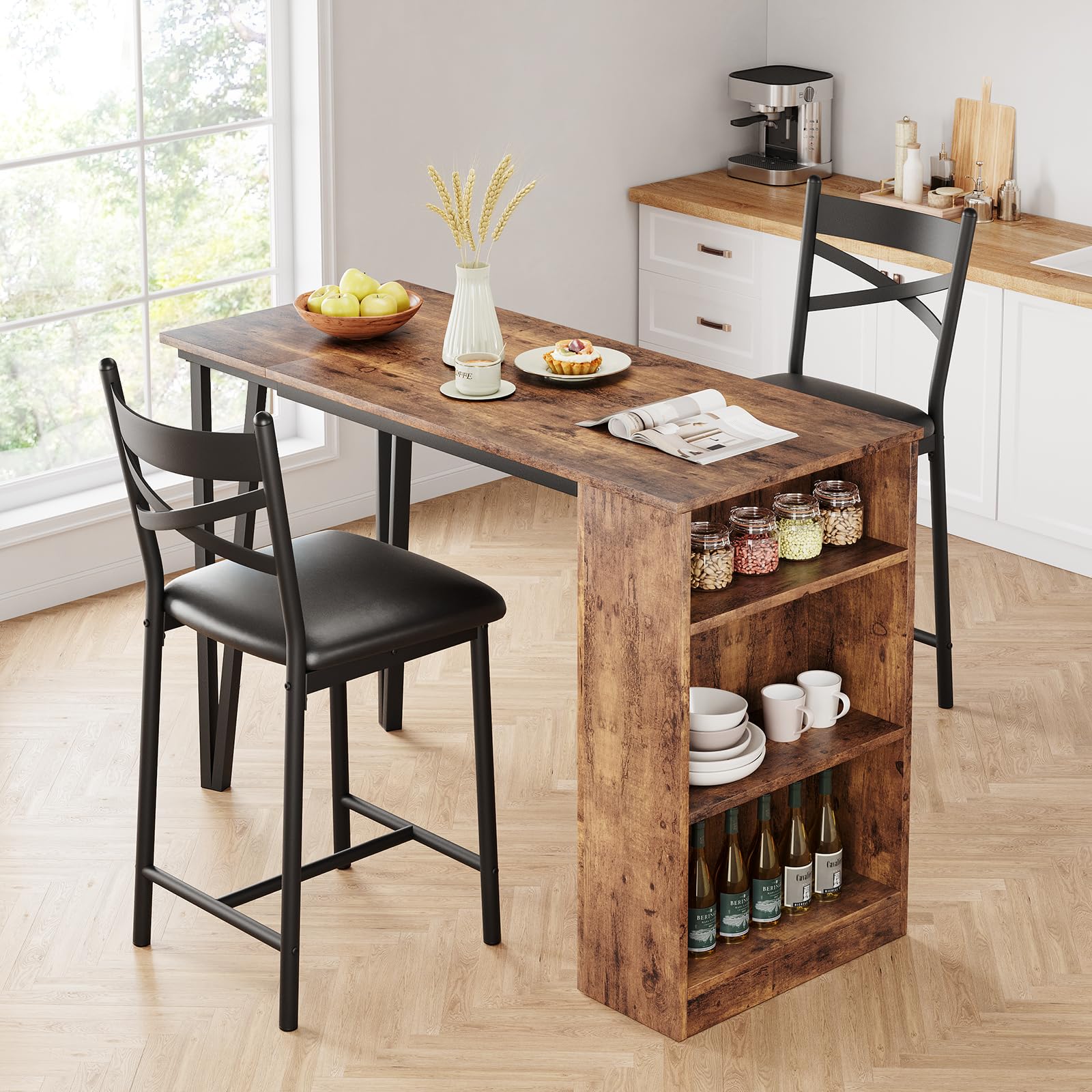 Kompakt und platzsparend, 3-teiliges Esszimmer-Set für 2 Personen – ausziehbarer Bartisch mit 3 Ablagen – 2 gepolsterte Hocker – ideal für Küche, kleine Räume, Wohnung – Stil